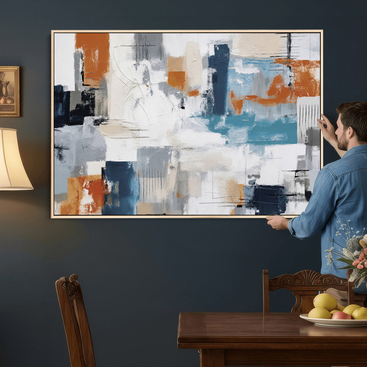 Blue Teal Abstract Canvas Wall Art, Modern Textured Painting Print, Navy Orange White Contemporary Art, Neutral Living Room Decor, Office Art