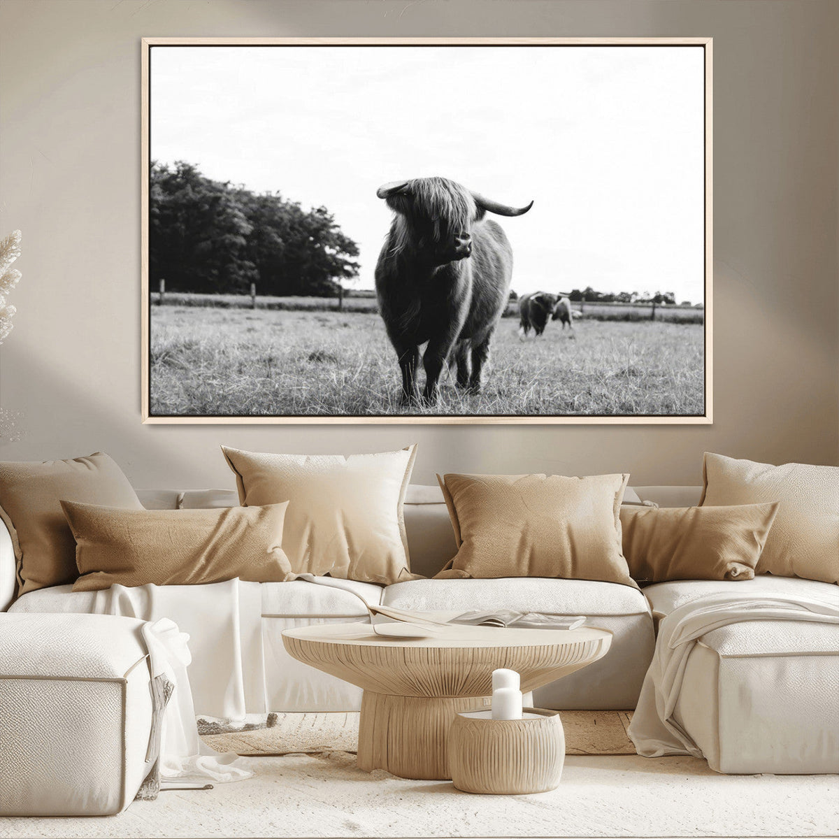 Black and White Highland Cow Wall Art Canvas Print | Rustic
