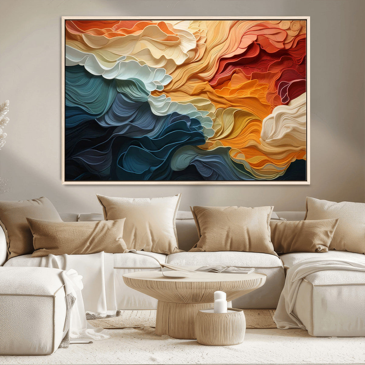 Blue Orange Abstract Wave Wall Art Canvas Print, Framed Blue