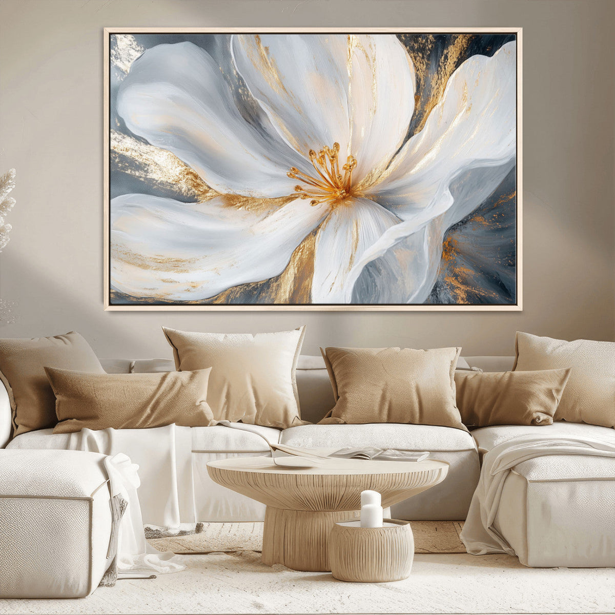 White and Gold Floral Canvas Wall Art - Framed and Ready to