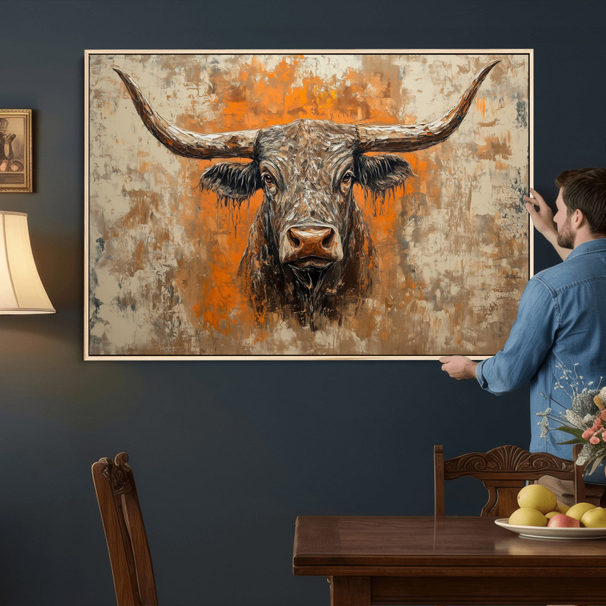 Abstract Cow Longhorn Bull Wall Art Canvas Print - Rustic