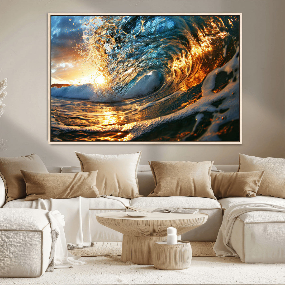 Ocean Wave at Sunset Canvas Wall Art – Vibrant Coastal Beach