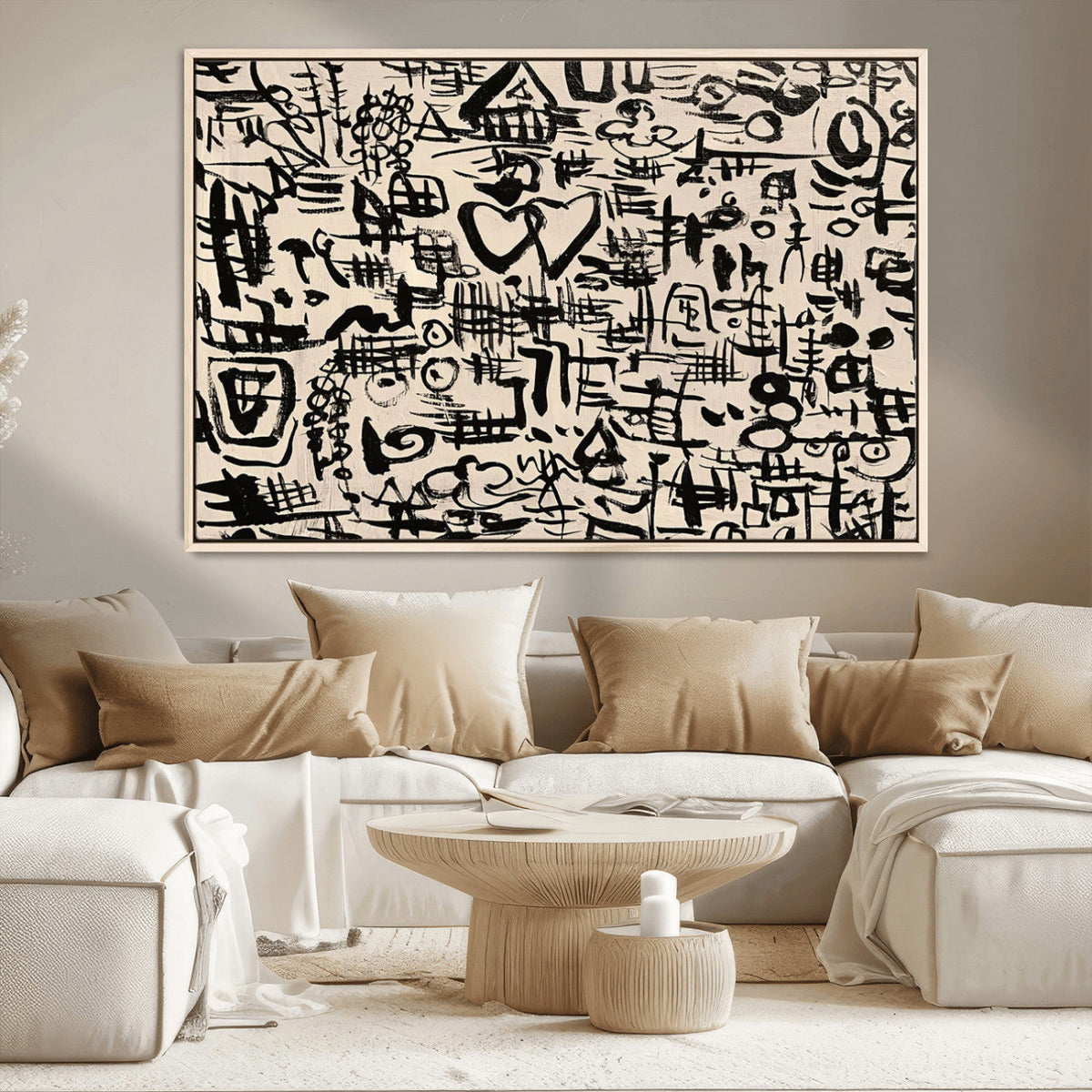 Abstract Love and Chaos Canvas Print, Black Symbols on Beige