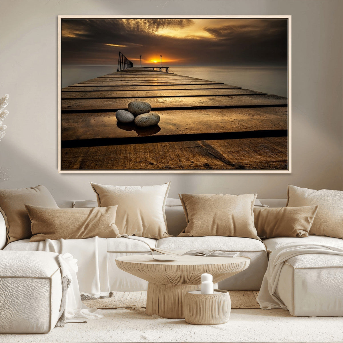 Stones on Wooden Pier at Sunset Canvas Print, Serene Coastal