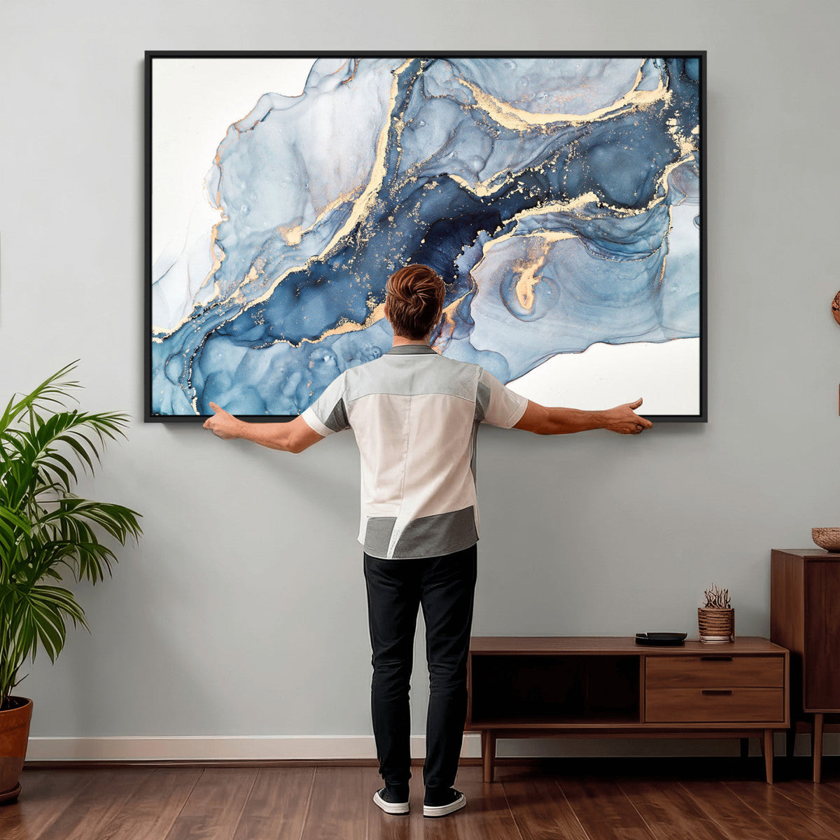 Blue Abstract Canvas Wall Art Print | Fluid Marble Effect Abstract Art