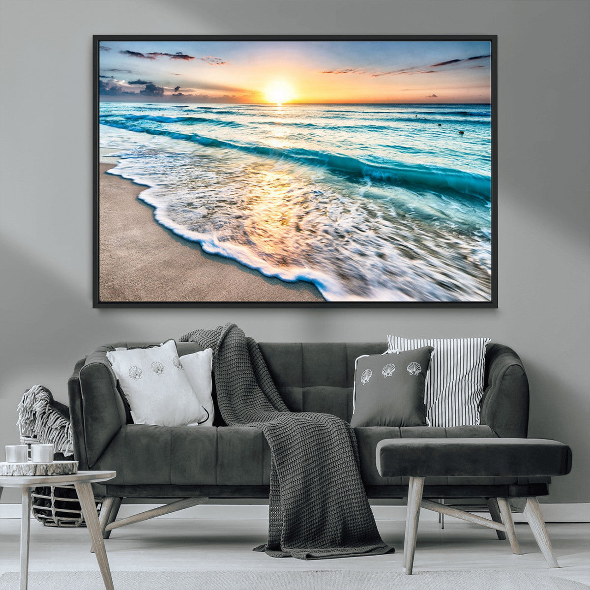Sunset Beach Waves Canvas Wall Art – 5-Panel Ocean Sunset