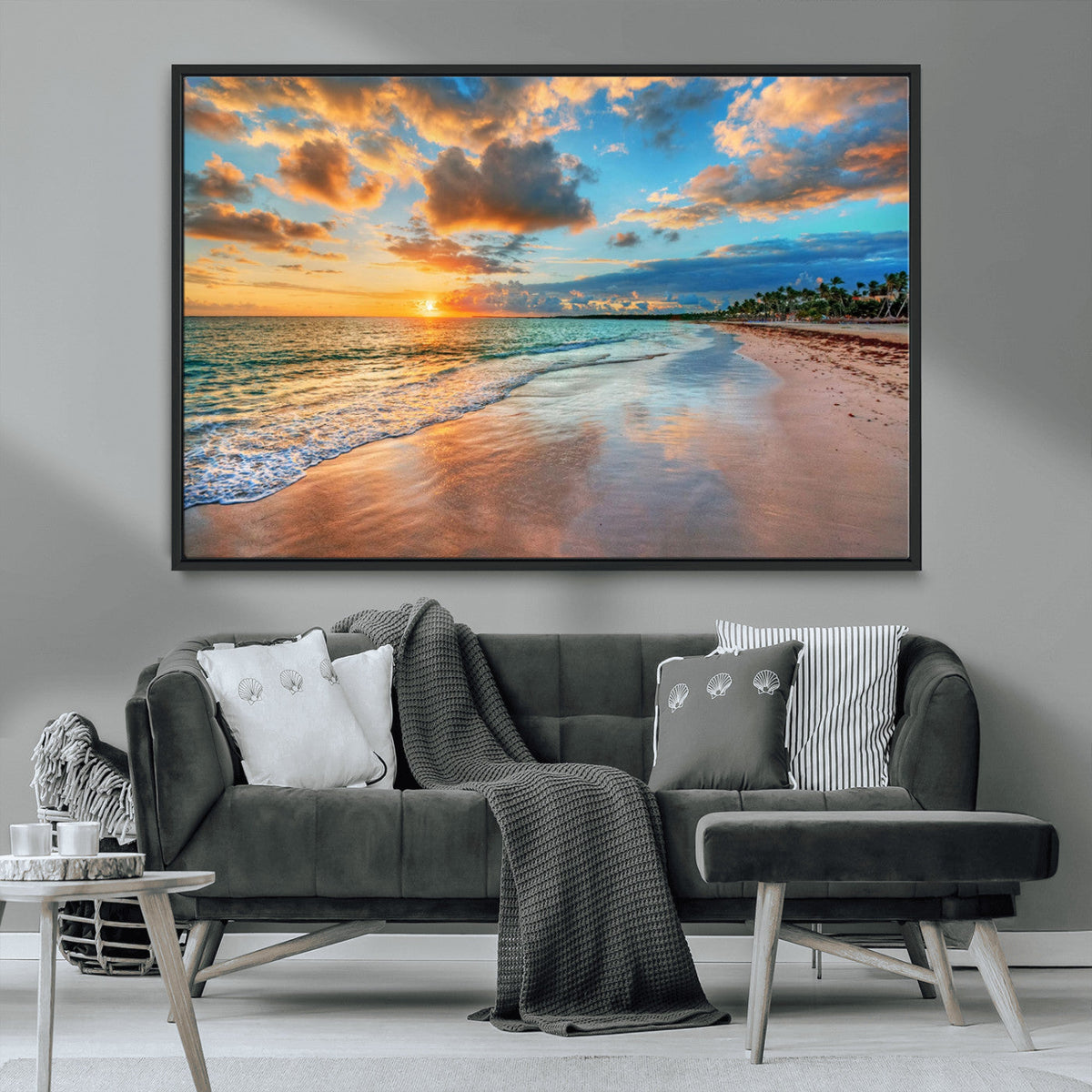 Sunset Ocean Waves on Tropical Beach, 3-Panel Giclee Canvas