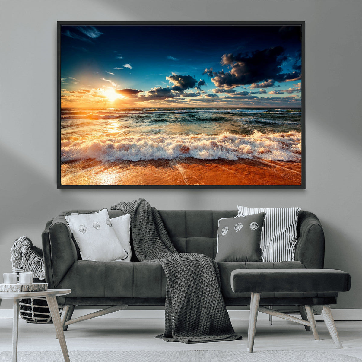 Golden Hour Sunset Over Ocean Waves Wall Art Canvas Print |