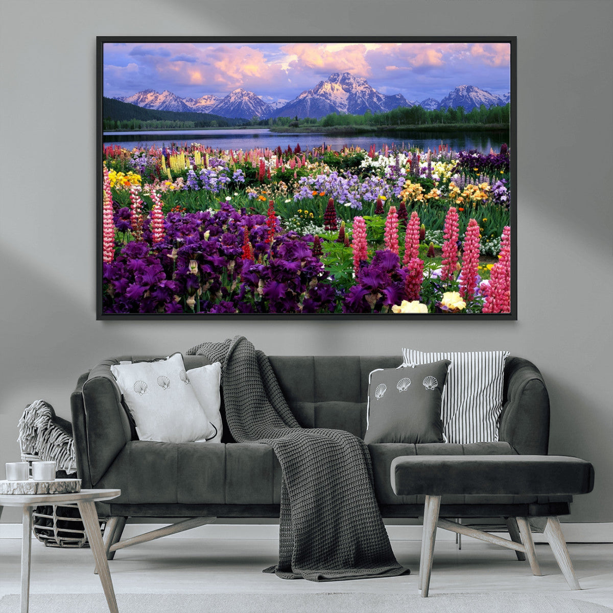 Vibrant Wildflower Garden and Mountain View Giclee Canvas