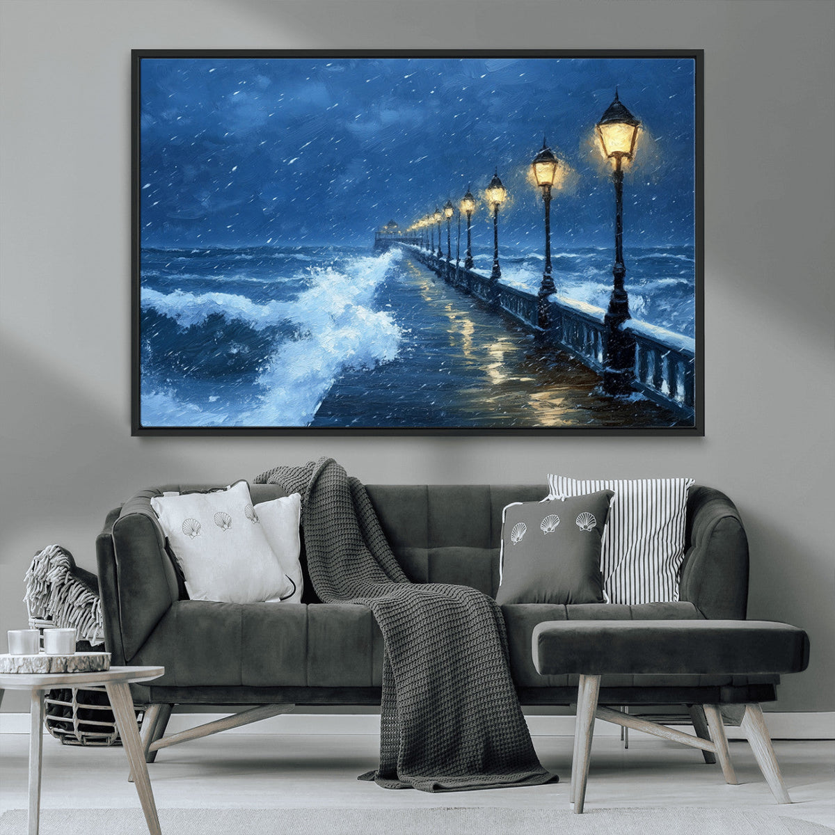 Stormy Ocean Pier Lights Canvas Wall Art Print - Large Moody