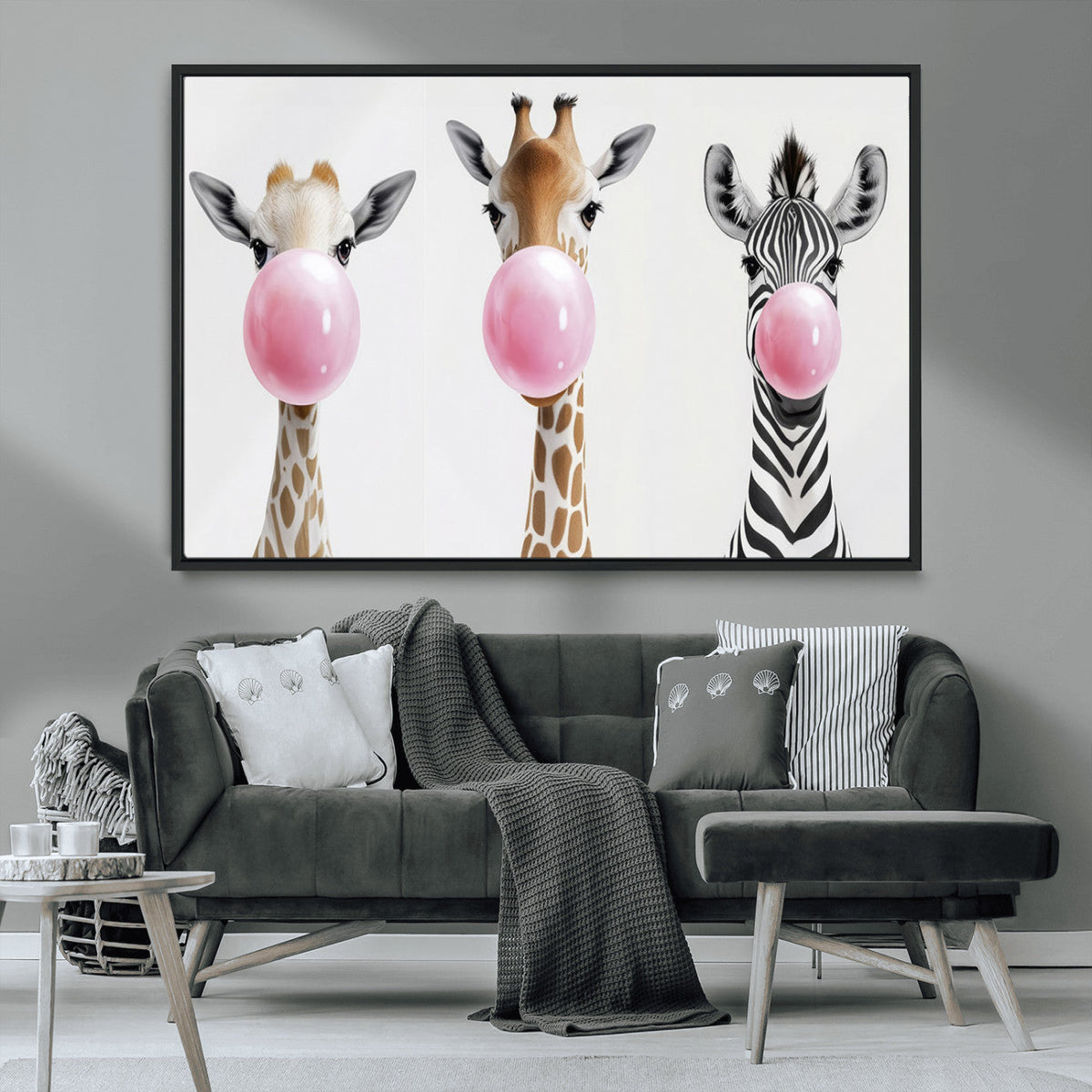 Bubblegum Animals Canvas Wall Art - Playful Giraffe and