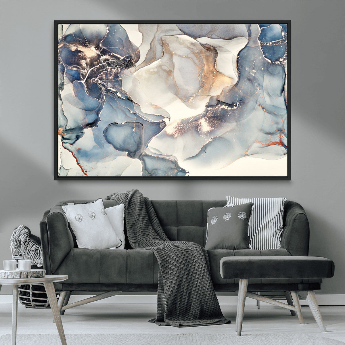 Abstract Blue and Gold Canvas Wall Art - Fluid Modern Ink