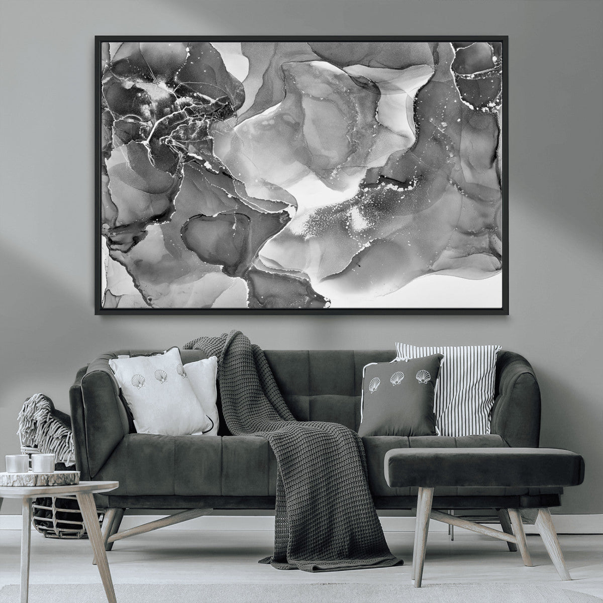 Black White Abstract Canvas Wall Art - Fluid Ink Artwork -