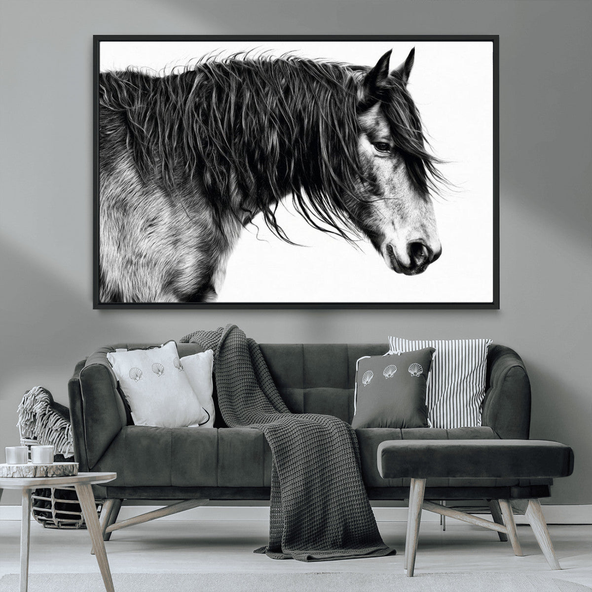 Majestic Horse Wall Art – Framed Black White Portrait Canvas