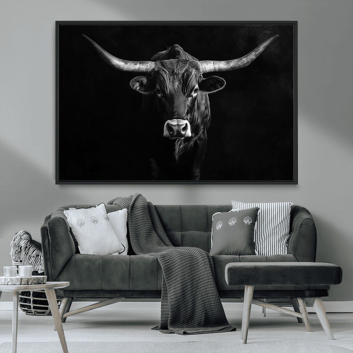 Texas Longhorn Wall Art Canvas Print – Framed Monochrome