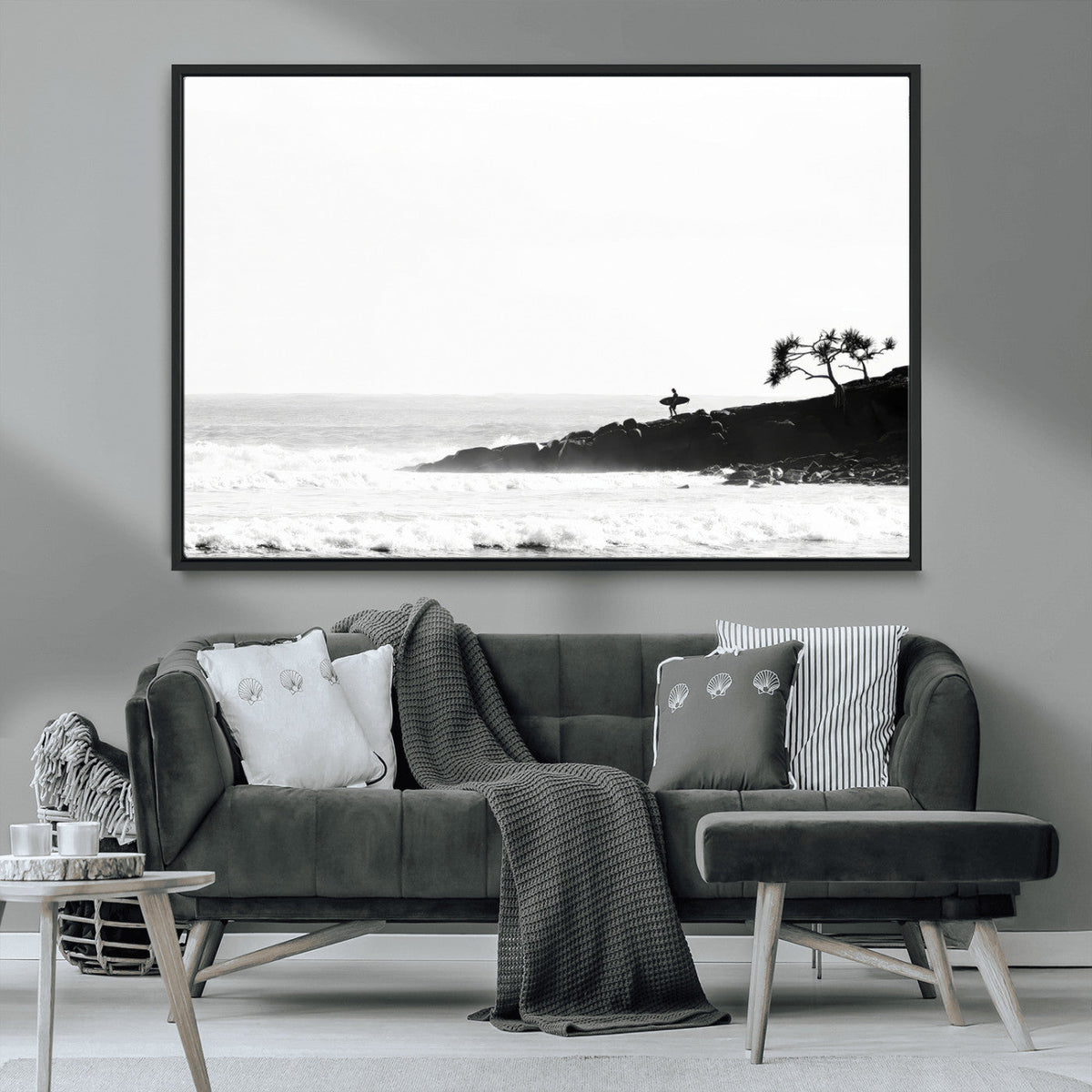 Surfer Cliffs Wall Art Canvas Print – Framed Black White
