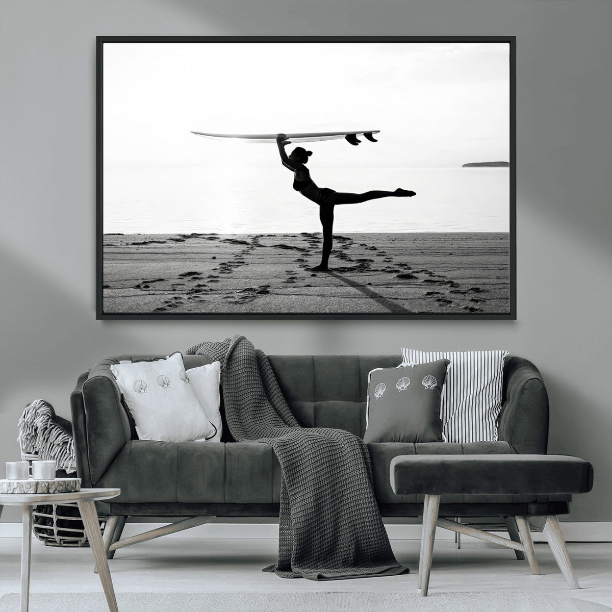 Yoga Surf Wall Art Canvas Print – Framed Black White Shore