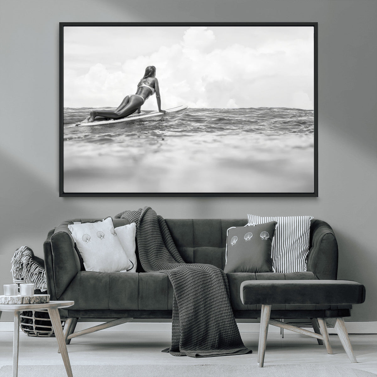 Black and White Surfing Wall Art Canvas Print – Framed Ocean