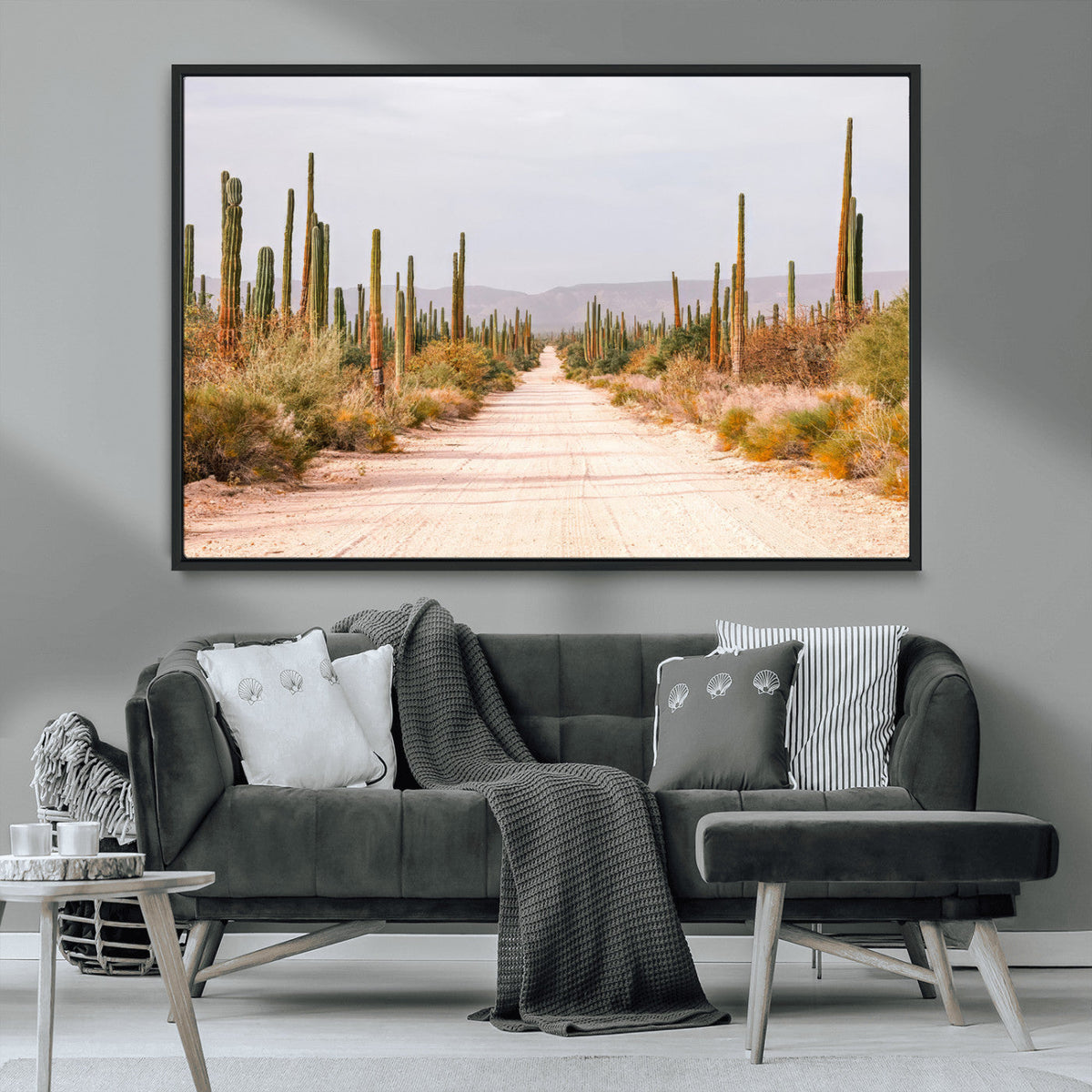 Desert Cactus Lined Road Wall Art Canvas Print – Framed