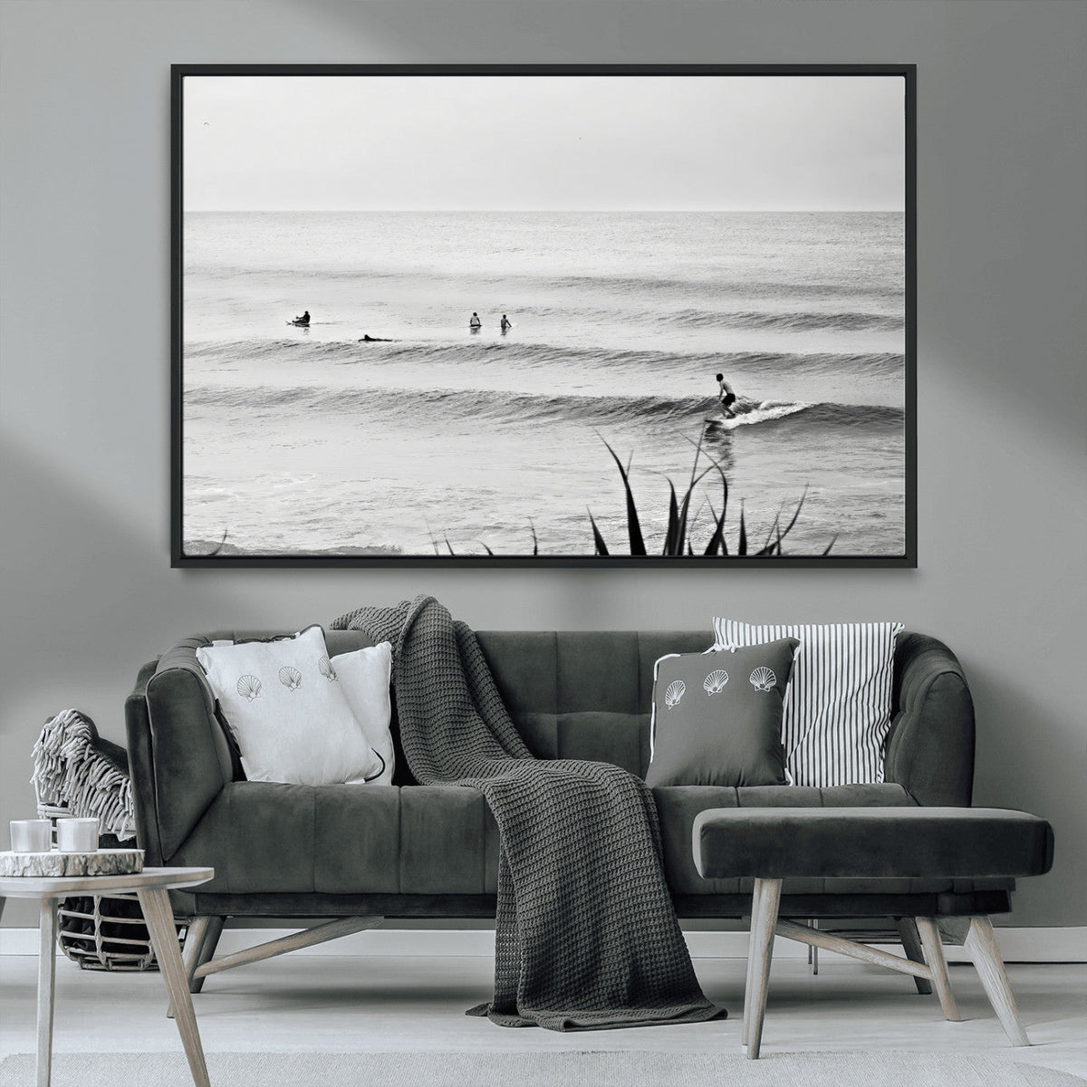 Surfer Silhouette Wall Art – Framed Calm Ocean Canvas