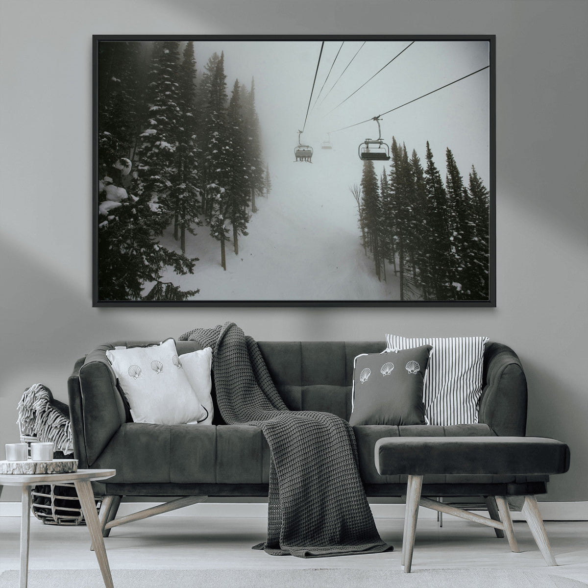 Ski Lift Wall Art Canvas Print – Snowy Pines Misty Landscape
