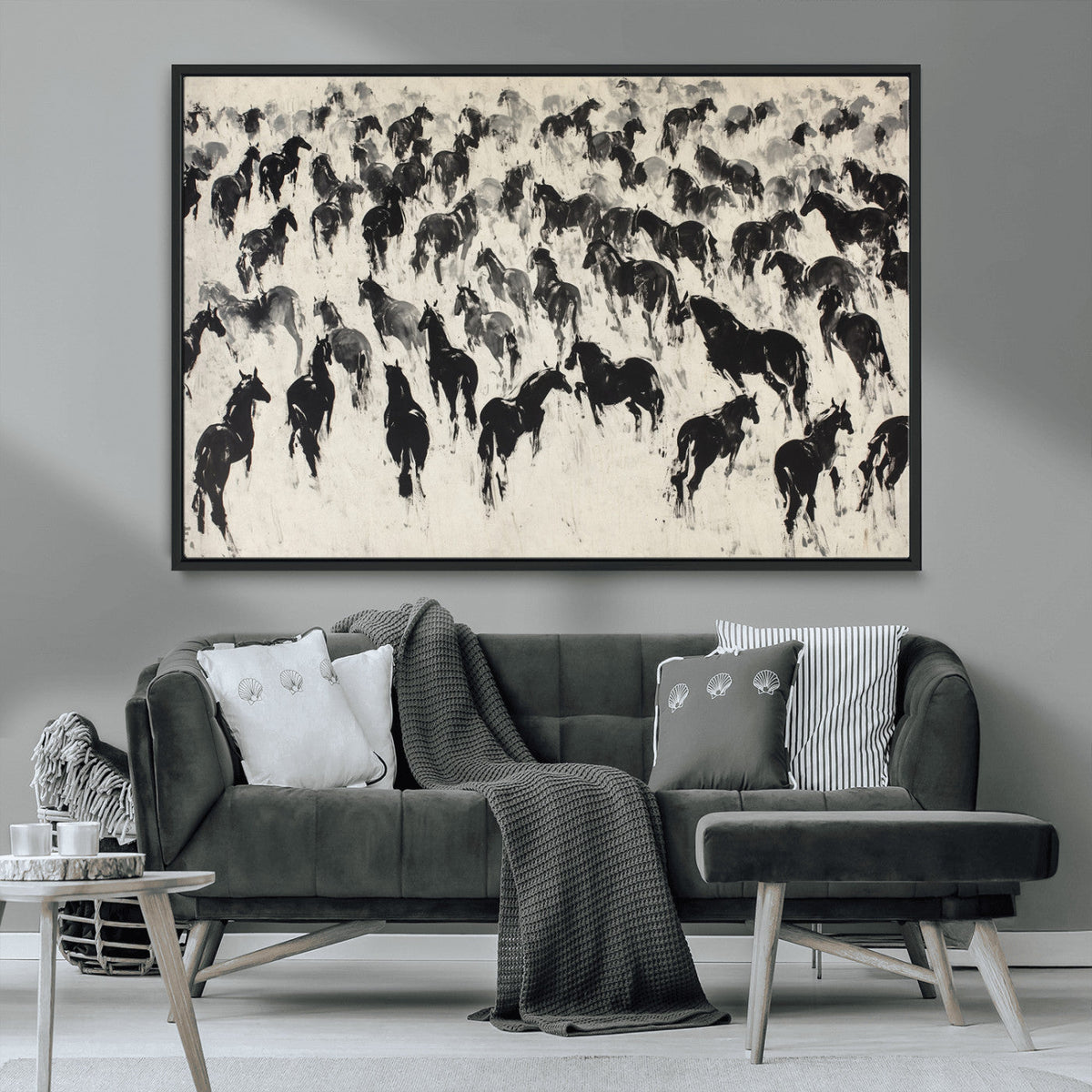 Wild Horse Stampede Wall Art Canvas Print – Monochrome