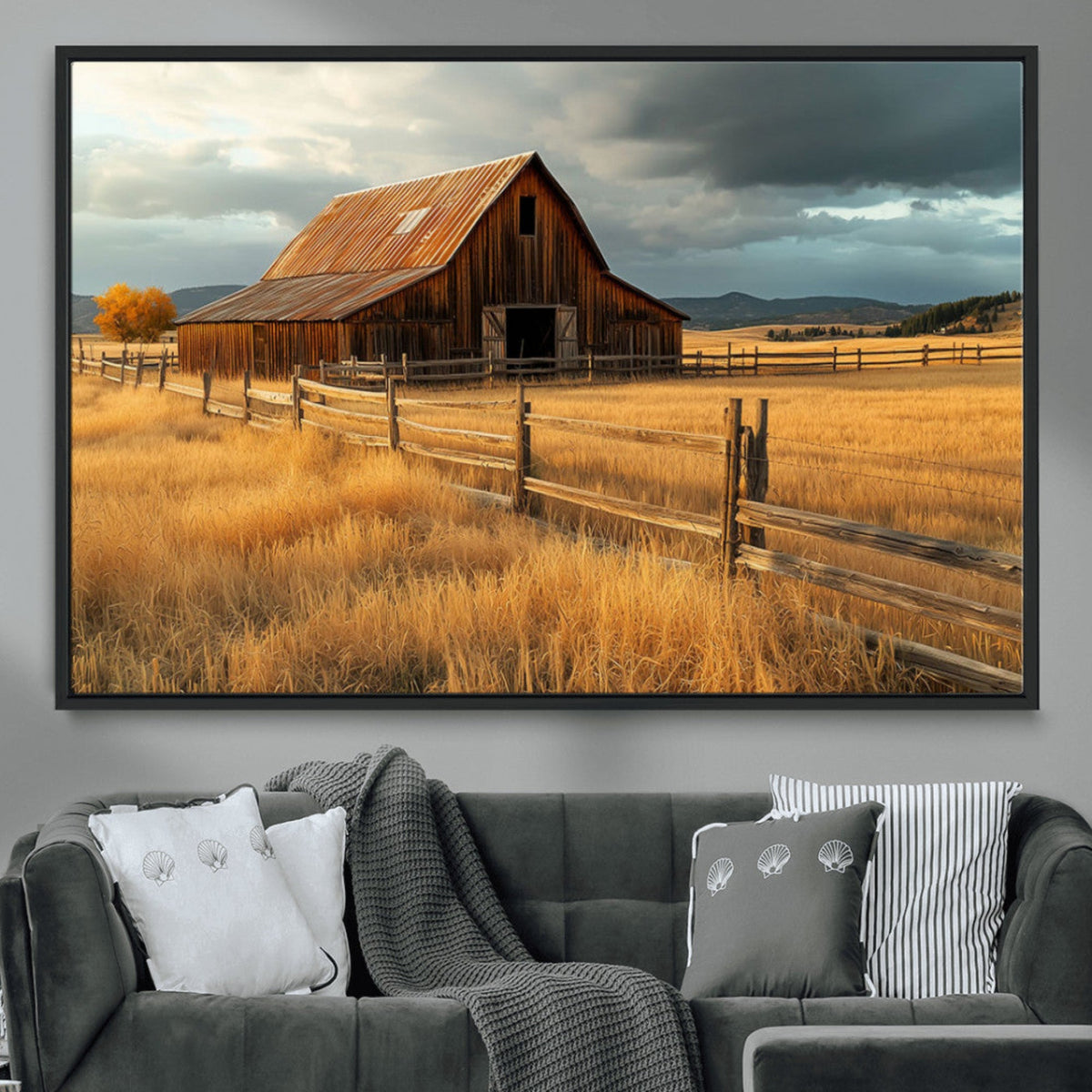 Golden Sunset Barn Wall Art Canvas Print, Rustic Autumn Farm