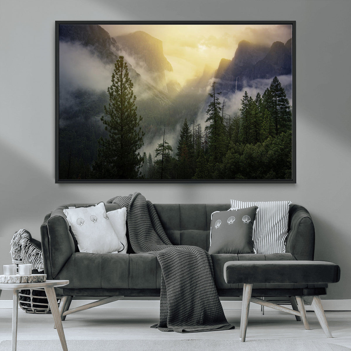 Misty Mountain Valley Wall Art Canvas Print, Golden Sunrise