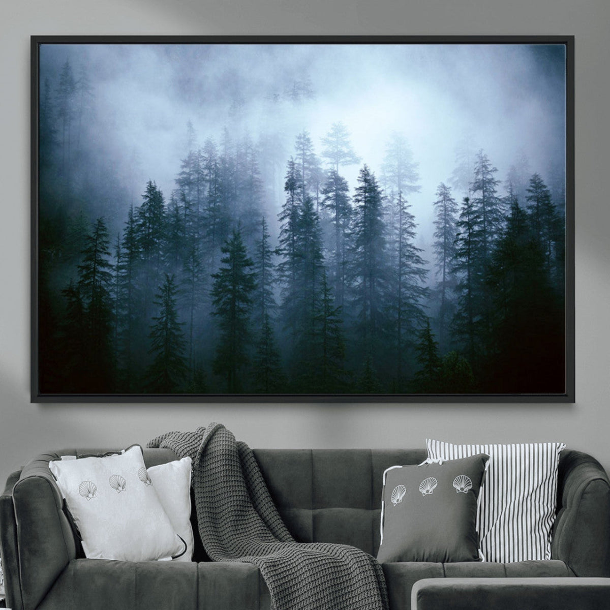 Foggy Evergreen Pines Wall Art – Mist Forest Blue Haze Moody