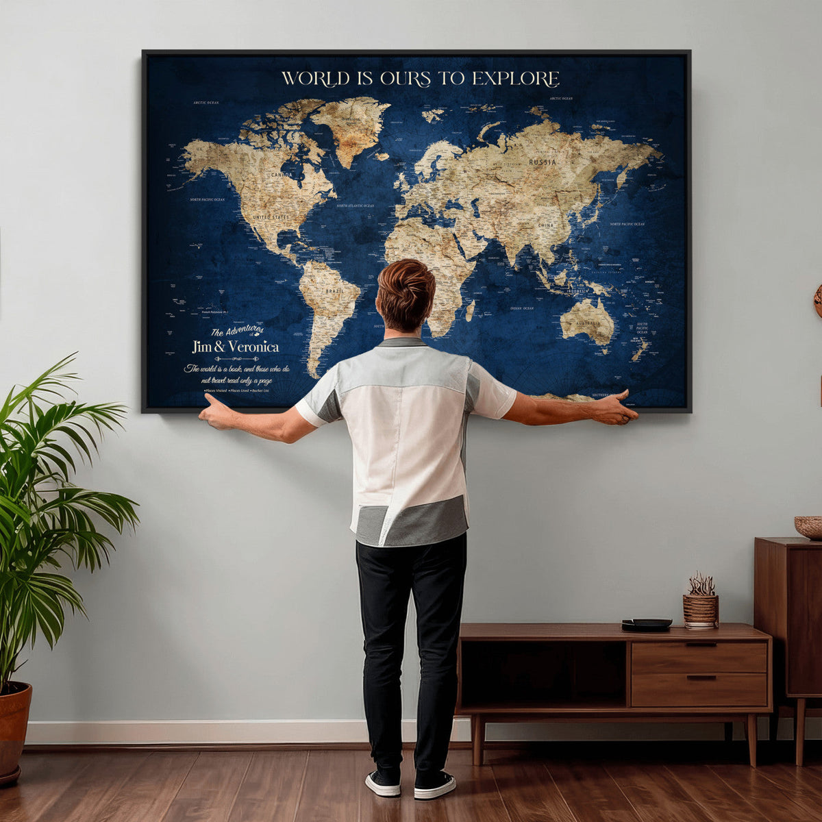 Framed Custom World Map Canvas Print - Deep Blue World Map