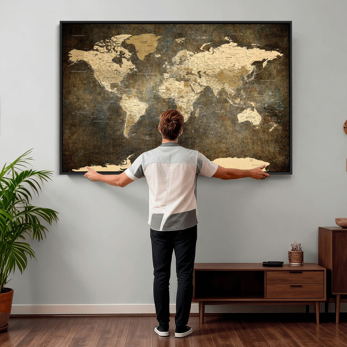 Large Framed Vintage World Map Wall Art Print for Home Wall