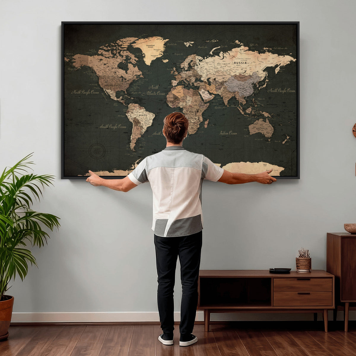 Vintage World Map Canvas Wall Art – Framed Travel Map for