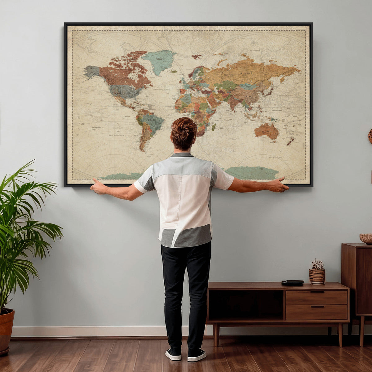 Vintage World Map Canvas Wall Art Print – Framed Modern