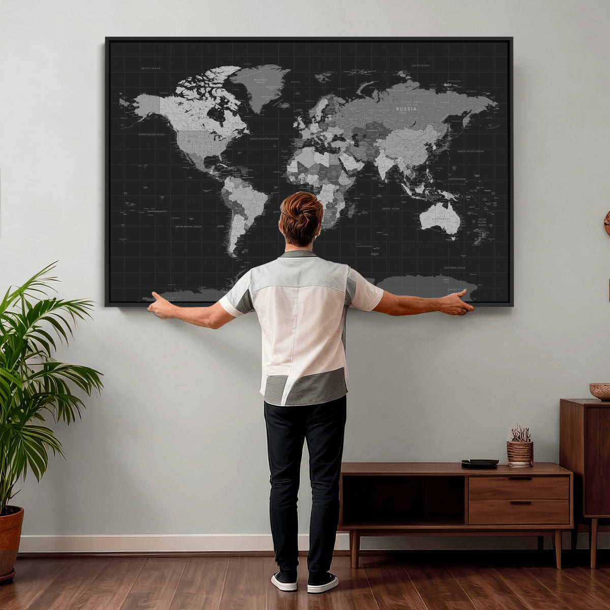 Black World Map Wall Art Canvas Print – Detailed Map of the