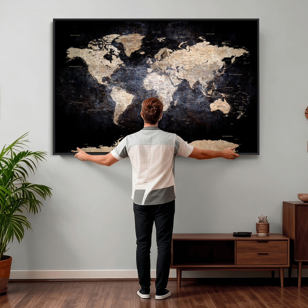 Grunge World Map Wall Art | 3-Panel Large Beige and Brown