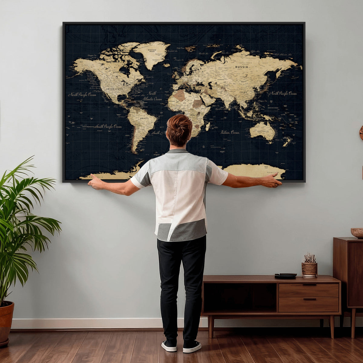 Dark World Map Canvas Wall Art Print, Minimal Black and Gold