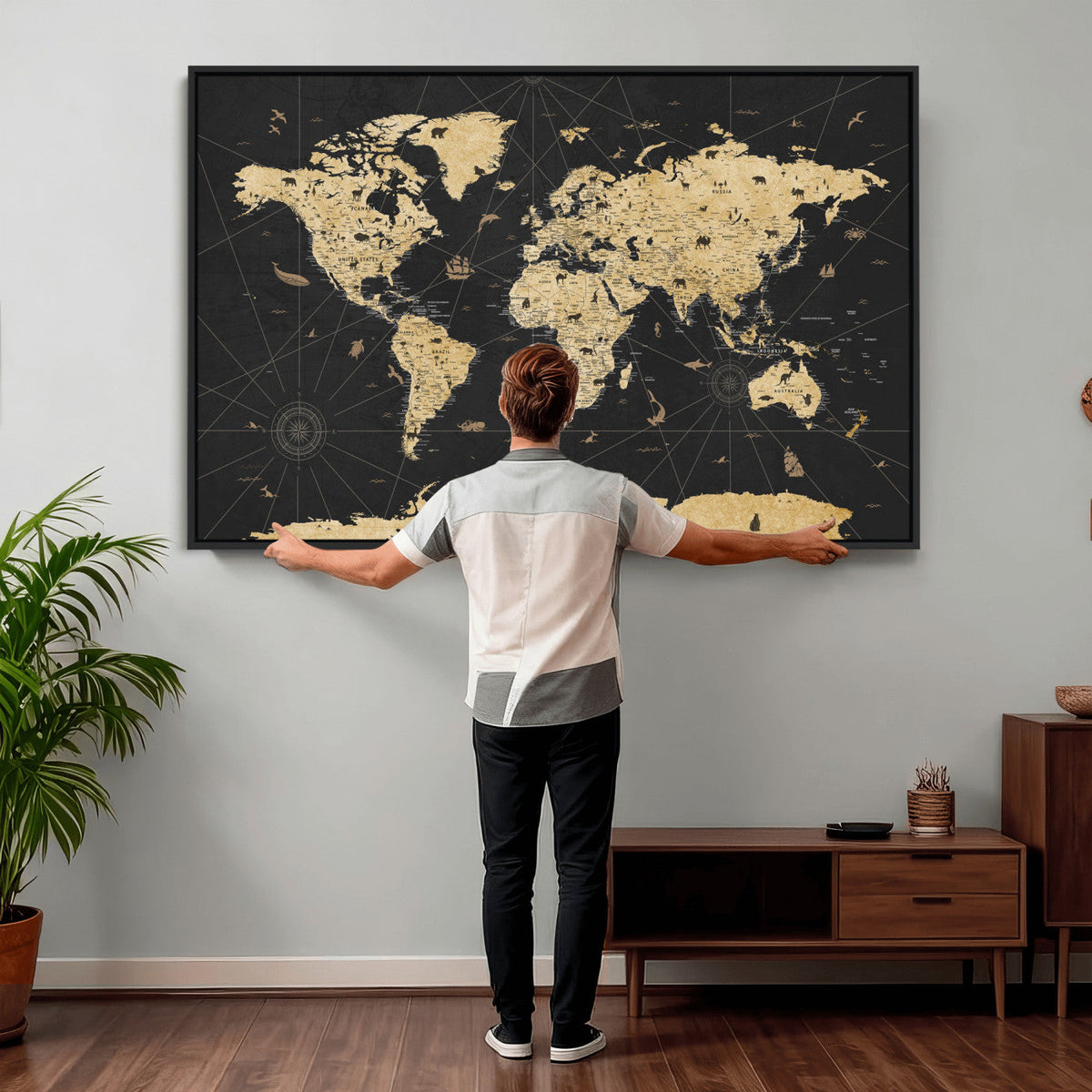 Vintage Blue and Brown World Map Canvas Wall Art – Framed