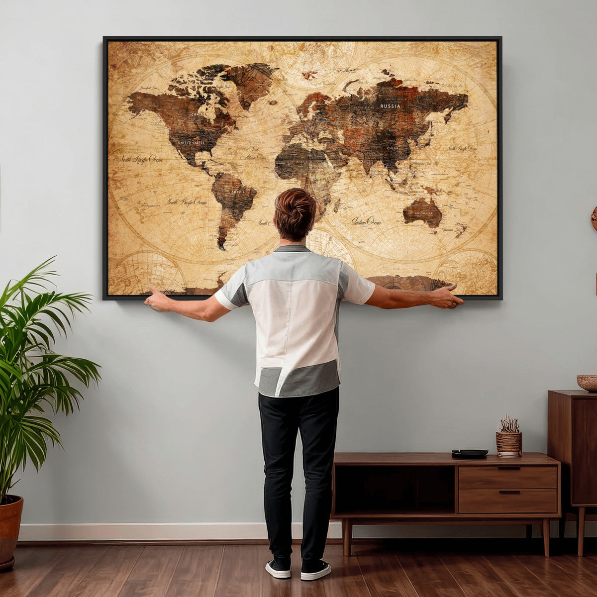 Modern Red and Gray World Map Canvas Print – Framed Wall Art