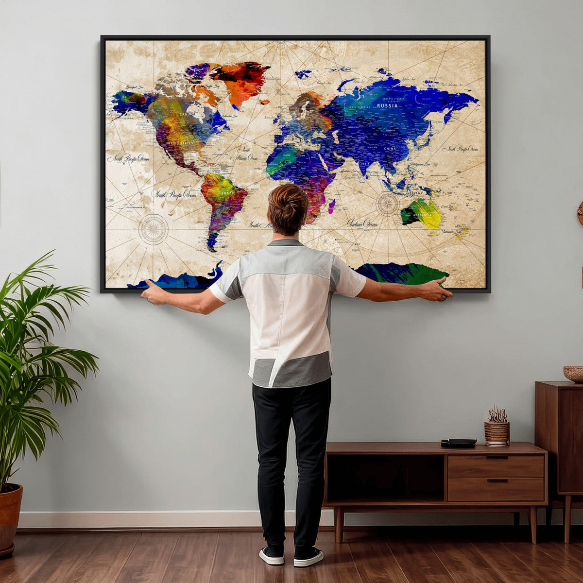 Watercolor World Map Canvas Print – Framed Wall Art for