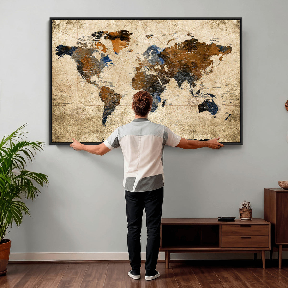World Map Wall Art Canvas Print, Modern Decorative Framed