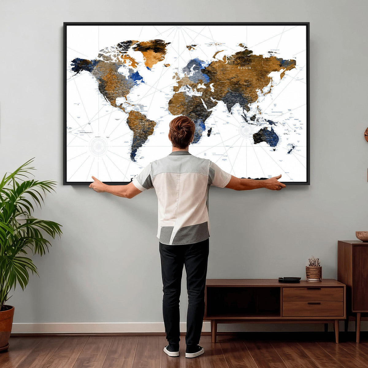 Colorful Watercolor World Map Canvas Wall Art – Framed