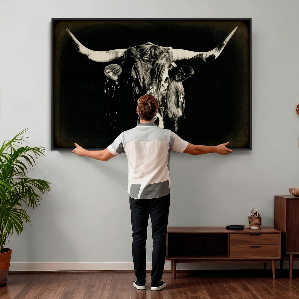 Black Bull Wall Art Canvas Print, Texas Longhorn Portrait