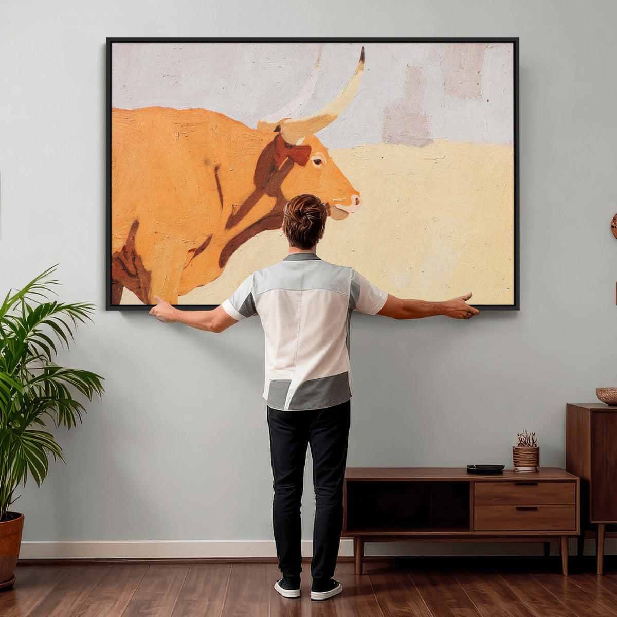 Minimal Longhorn Bull Wall Art Canvas Print, Neutral Western