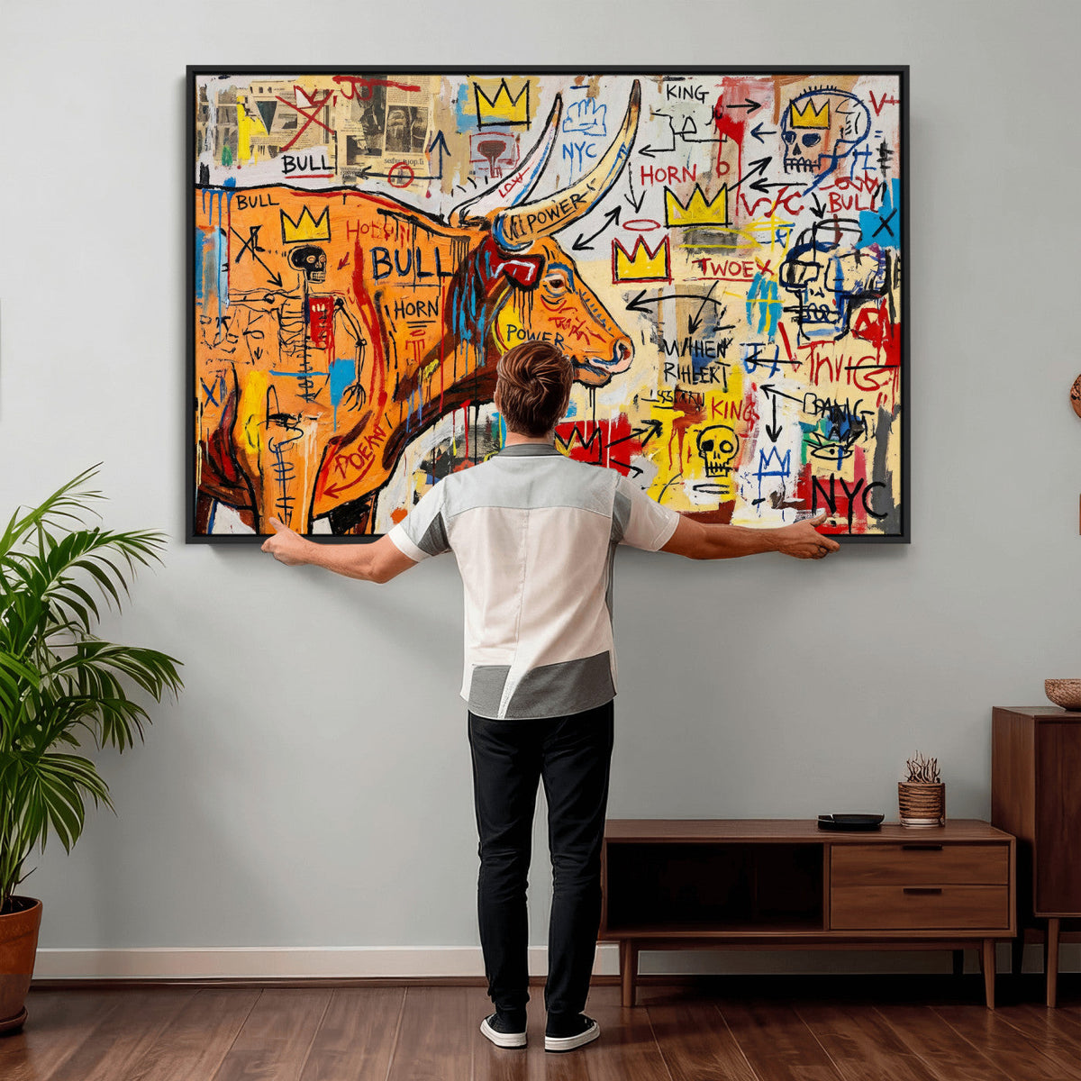 Basquiat Style Bull Graffiti Wall Art Canvas Print, Street