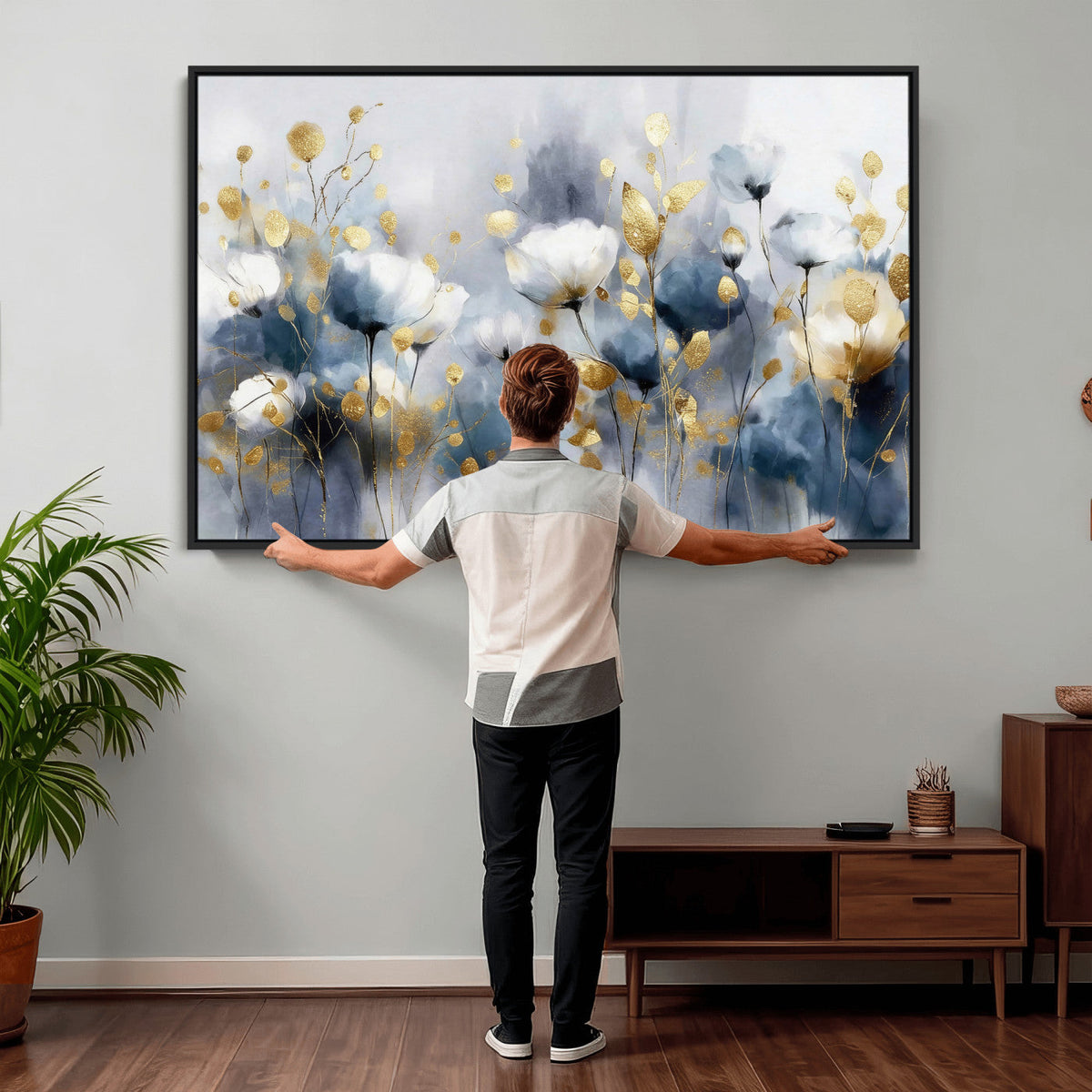 Large Abstract Flowers Wall Art Canvas Print – Gold and Blue
