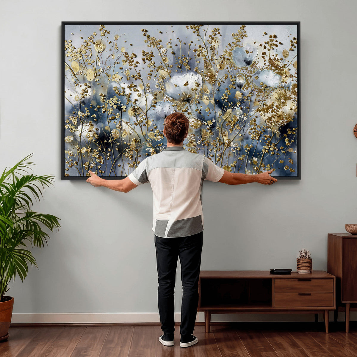 Abstract Floral Wall Art Canvas Print – Gold and Blue