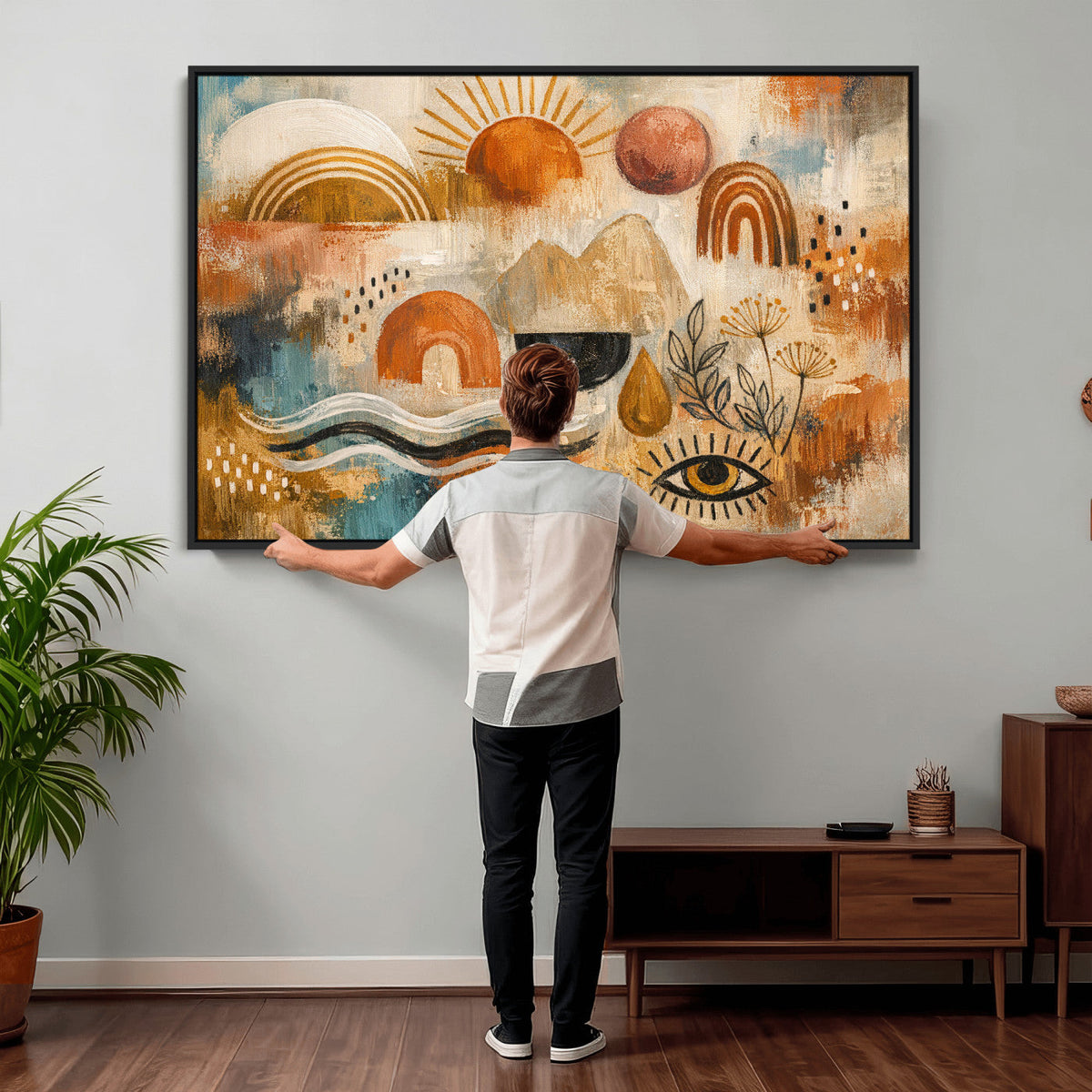 Geometric Boho Abstract Wall Art Canvas Print, Orange Blue