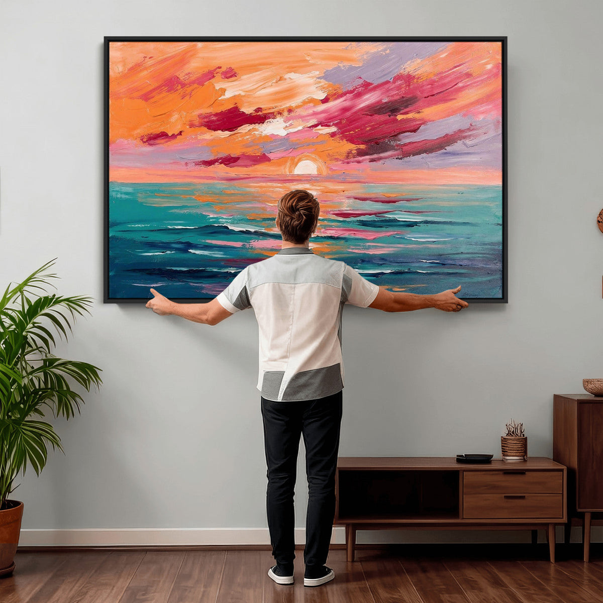 Bold Palette Knife Ocean Sunset Canvas — Orange Pink Teal