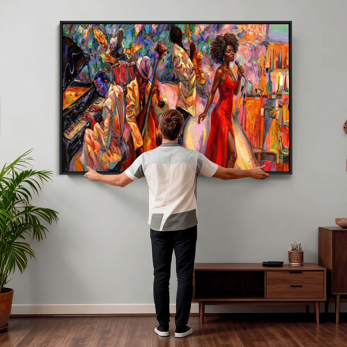 African American Jazz Singer Canvas Art — Red Dress Black