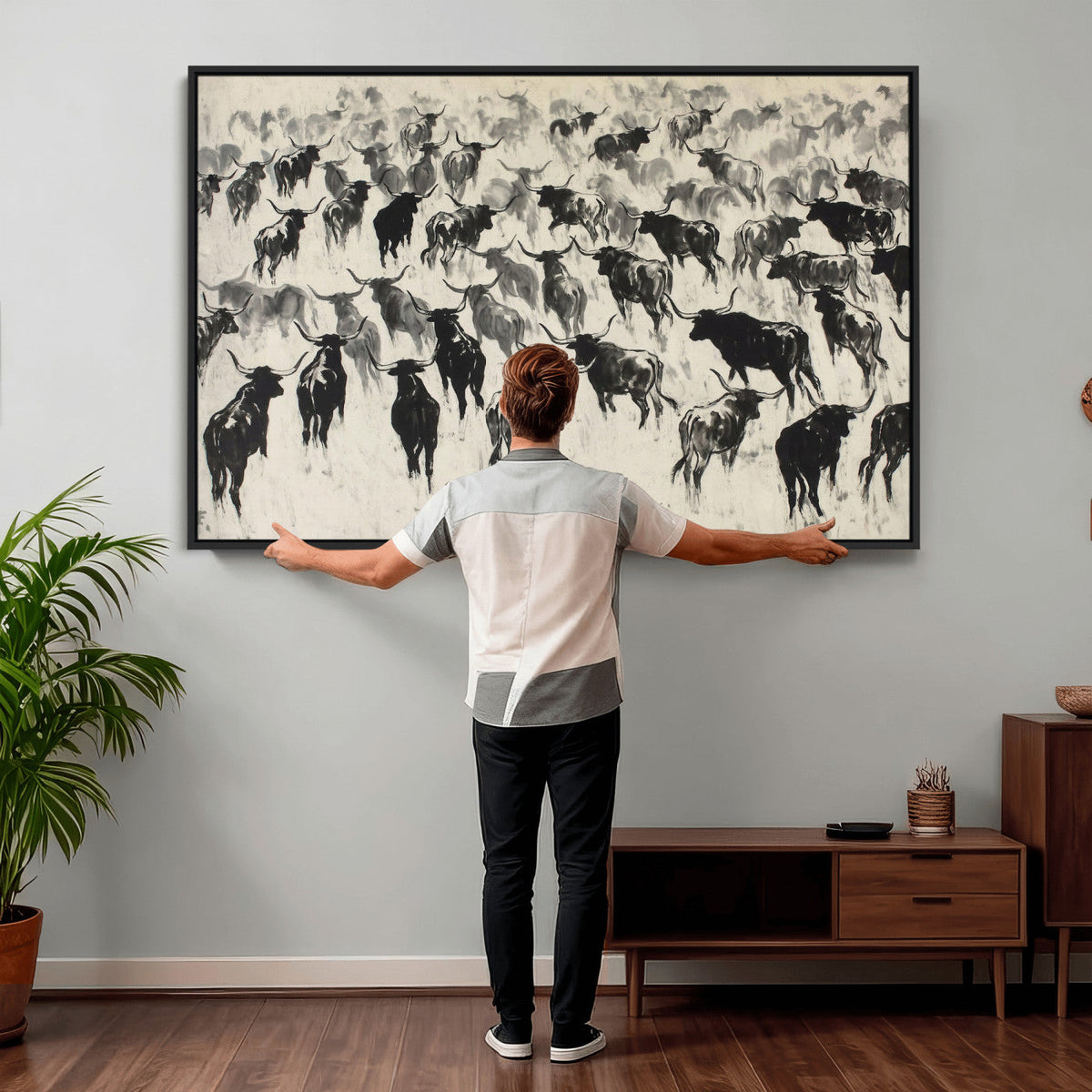 Longhorn Cattle Canvas Wall Art, Black White Stampede Ink